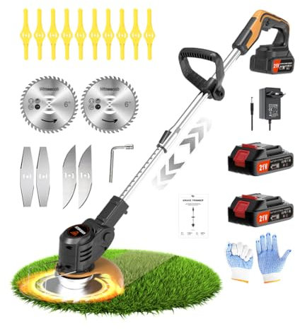 21V Coupe Bordure sans Fil avec Batterie Wrneaoch Debroussailleuse Electrique sans Fil avec Moteur de 6 000 TR/Min et 650W Debrouissalleuses Batterie avec 2 Batteries de 2,0 Ah, Efficace et Facile