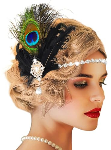 Handcess 1920s Flapper Headband Peacock Feather Headpiece Vintage Rhinestone Hair Band Gatsby Costume Hair Accessories for Women