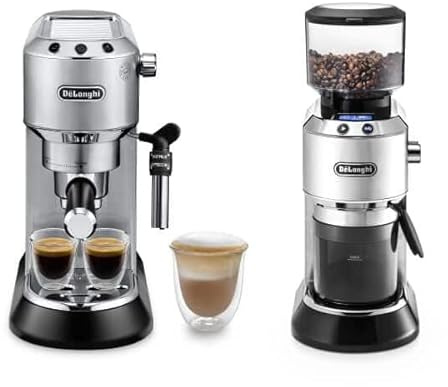 De'Longhi Dedica mit Elektrischer Kaffeemühle ECKG6821.M, Kaffeemaschine mit Milchaufschäumer, Traditionelle Barista-Espressopumpe, Kaffee- und Cappuccino-Maker, 18 Mahlgradeinstellungen, Metall
