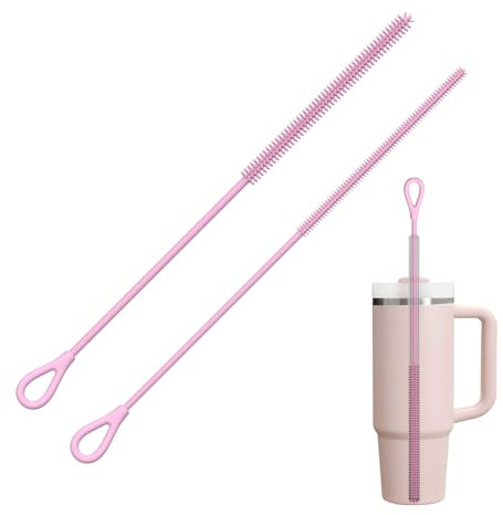 Silicone Straw Cleaner Brush, 2Pcs Reusable Straw Brush for Straws, Non-slip Handle Soft and Bendable, 6mm+9mm, Pink