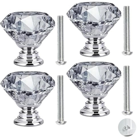 JFGDVW 4 Pcs 20mm Diamond Drawer Cabinet Door, Crystal Knobs with Screws, for Dresser Drawers and Kitchen, Bathroom Cabinet, Office(Silver)