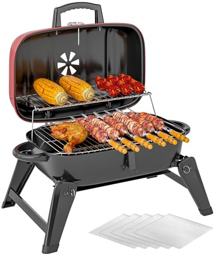 Outsunny Charcoal Barbecue Grill Folding BBQ Grill with 1232 cm² Cooking Area, Adjustable Vent, Thermometer, Handles for Camping Picnic, Red