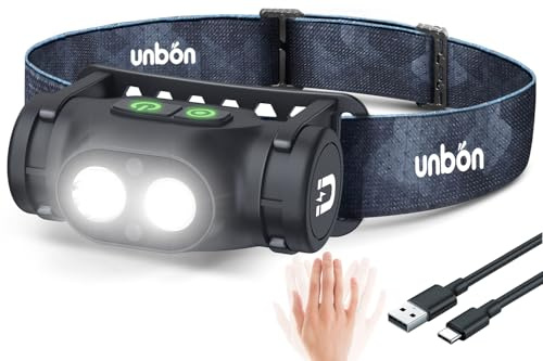 UNBON Stirnlampe LED Wiederaufladbar, Kopflampe Stirnlampe Aufladbar USB C Extrem Hell Dimmbar mit 3 Lichtmodi, Sensor und Magnet, IPX4 Wasserdicht Stirnleuchte LED Wiederaufladbar für Wandern Angeln