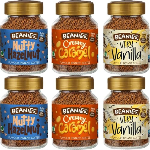Beanies Flavoured Instant Coffee Variety Pack - 6 x 50g jars - Creamy Caramel, Nutty Hazelnut and Very Vanilla