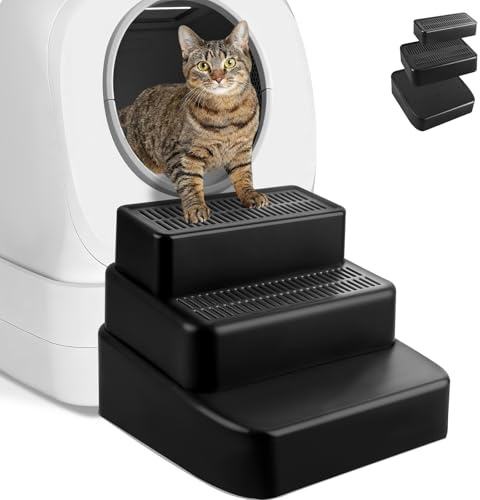 Bartuke Verstellbare 3-stufige Katzentoilettenrampe, Katzentoilettenstufe mit Filterfunktion, leicht zu reinigender Katzentoiletten-Treppenauffang für ältere Katzen und kleine Katzen (Schwarz)
