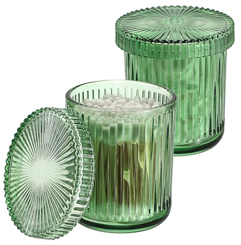 OLegei Glass Cotton Ball and Swab Holder Organizer, 2pcs Green Decor Jar | Bathroom Glass Storage Jars with Lid,Q-tips Floss Dispenser,Vanity Makeup Accessories Storage Jar,Apothecary Storage Canister