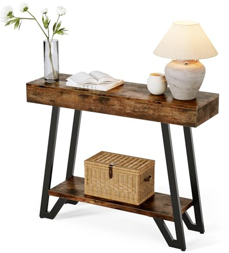 Tribesigns Kleiner Konsolentisch 103 cm, 2-stöckiger Eingangstisch mit Stauraum, rustikaler schmaler hinter der Couch für Wohnzimmer, Flur, Foyer, rustikales Braun