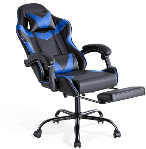 Sweetcrispy Gaming Stuhl, Gaming Chair mit Fußstütze Kopfstütze Lendenwirbelstütze, Ergonomischer PC Stuhl, Höhenverstellbarer Bürostuhl Computerstuhl, Gamer Stuhl, Drehbarer Schreibtischstuhl, Blau