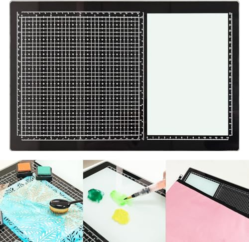 All-in-One Tempered Glass Media Mat – Portable 15.75x10.24 Heat & Scratch Resistant Cutting Board with Grid Lines, Non-Stick Surface for Mixed Media, Hot Glue & Epoxy Resin with Pink Storage Pouch