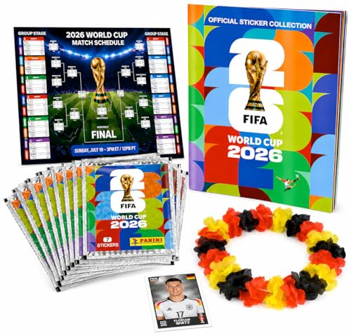 TK Gruppe Timo Klingler Set XXL Panini Coppa del Mondo 2026 – Album & Figurine con Calendario Partite, Collana di Fiori & Album Panini Calcio (50 Bustine / 350 Figurine)