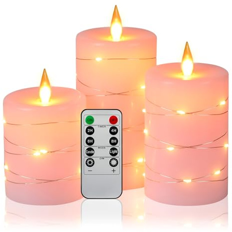 Flameless Candles 360 Degree Viewing Angle, with Starry String Lights, 3-Pack Fairy String Lights LED Candles, with 10-Key Remote Control, 24-Hour Timer Function, Dancing Flame, Real Wax(Rose).