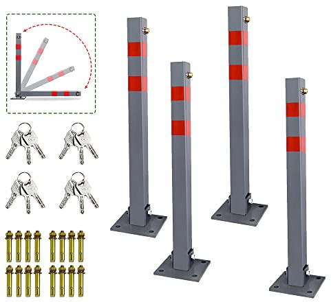 Sonnewelt 4x Parkpfosten Absperrpfosten mit 3 Schlüssel, Stahl klappbar Parkplatzsperre Parkplatzsperren mit Reflexstreifen, Robust Standfuß Sperrpfosten Set