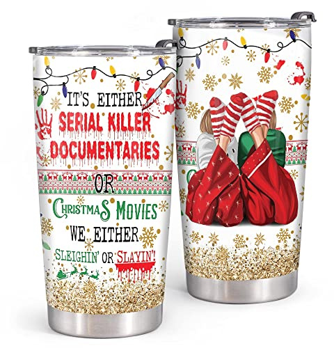 20oz Christmas Tumbler With Lid Horror Christmas Gifts For Women Girls Sister Bestie Friends BFF - Horror Movie Cup It's Either Serial Killer Documentaries Or Christmas Movie Watching Mug