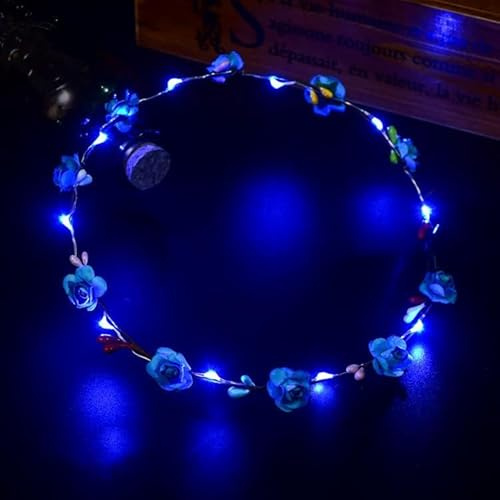 LED-lampa kvinnor blomma flicka pannband lysande blinkande krona hår krans för flickor kvinnor bröllop festival jul nyår fest (Blå)