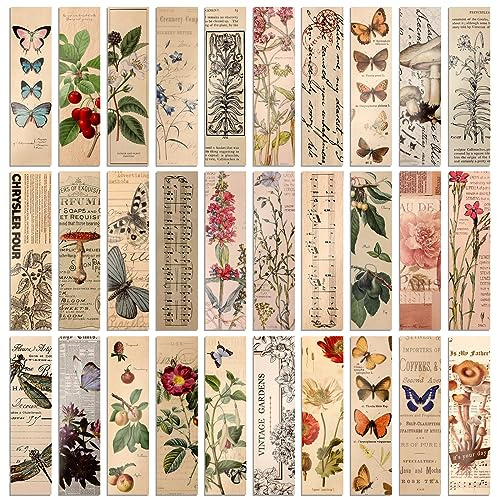 JSRQT 30 Pièces Marque-Pages en Papier Style Rétro,Clip de Page Bookmarks,Signets de Papillon Fleurs Plantes,Clips de Marque-page pour Fournitures de Lecture (15x4cm,30 Style)