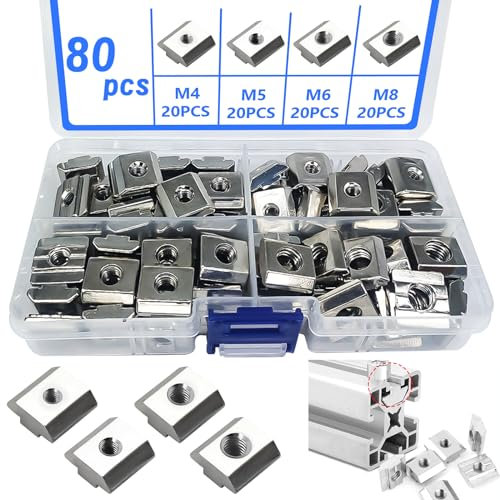 XTUDOU® 80 Pezzi Dado Scorrevole con Scanalatura a T, M4/M5/M6/M8 Nut in Acciaio Al Carbonio Dadi a T con Scatola di Stoccaggio per Fessura di Estrusione in Alluminio Serie 30