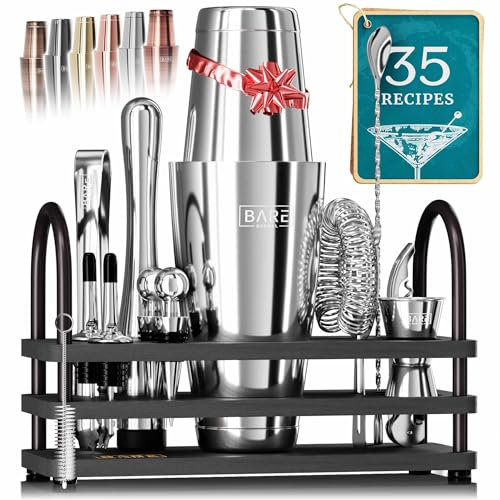 BARE BARREL® Cocktail Making Kit | 14-Piece Bartender Kit Cocktail Shaker Set Maker | Display Stand & 35 Recipe Cards | Mixology Cocktail Gift Set (800ml/28oz Boston Shaker, Silver/Black)