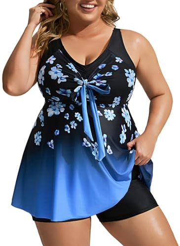 Hanna Nikole Womens Cute Swimming Suits Twist Front Bandeau Tankini Set with Solid Color Shorts Blue Ditsy Print 26 Plus