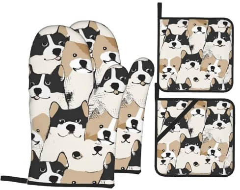 Guanti Da Forno E Presine Da Cucina Set, Cute Abstract Corgi Dog Set Di Guanto Da Forno Professionale Presine Da Cucina Morbida Guanti Da Barbecue Per Cucina Cucinare Grigliate