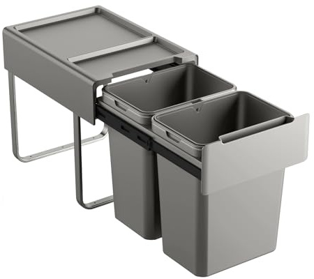 SVITA EM2x20 Einbaumülleimer 40L (2x20L) 2 Fächer mit Deckel Mülltrennsystem Küche Unterschrank Abfalleimer ausziehbar Grau