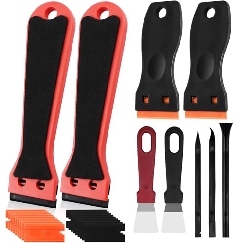 Nadinsta 4pcs Plastic Scraper with 100 Plastic Blades, Non Scratch Scraper Tool Kits, 2pcs Stainless Steel Wallpaper Scraper, 3pcs Pen-Shaped Scraper for Glass, Car Sticker, Wall, Label Remover