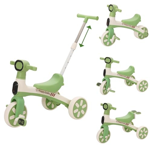 4 en 1 Tricycle Évolutif Bébé Vélo Draisienne,Tricycle Bébé Évolutif avec Pédales Amovibles et Barres de Poussée Réglables en Hauteur,Vélo d’Équilibre,Cadeaux adaptés aux garçons et aux Filles