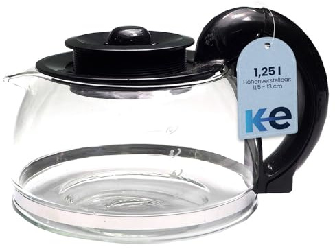 Anakel Home Jarra Cafetera Universal Compatible con Cafetera Americana o de Goteo Eléctrica | Jarra Abombada, Vidrio, Tapa Antigoteo con Altura Regulable 11,5-13 cm, 1.25l de Capacidad