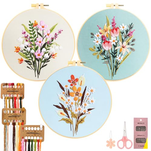 JSRQT 3 Piezas Kit de Bordado para Principiantes Adultos, Kit de Inicio de Punto de Cruz Estampado con Patrón de Flores, Juego de Bordado Hecho a Mano con Aro, Instrucciones, Aguja e Hilos