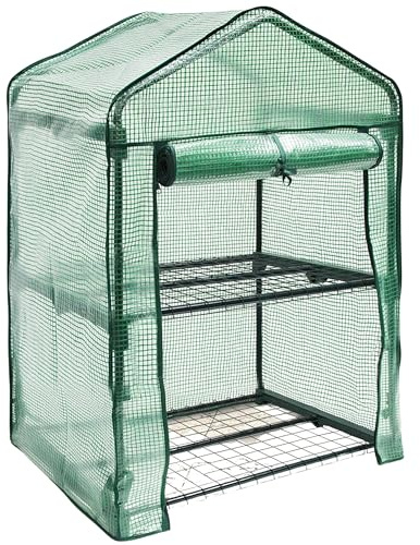 Serra da Balcone con 2 Ripiani in Ferro e Telo Impermeabile PE – Mini Serra per Piante da Esterno in Acciaio Laminato a Caldo, Porta con Zip Avvolgibile, Montaggio Facile, 68x48x93 cm