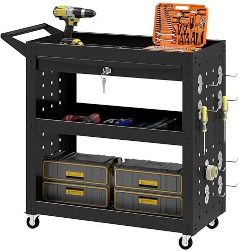 HOMCOM 3-Tier Shelf Tool Cart with Pegboards, Drawer, Braked Wheels, Black