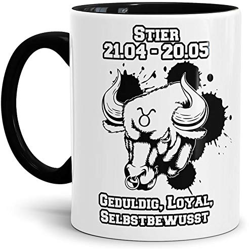 Sternzeichen-Tasse Stier - Innen & Henkel Schwarz - Geburtstag/Astronomie/Sternen-bilder/mit Spruch/Witzig/Kaffeetasse/Mug/Cup - Qualität Made in Germany