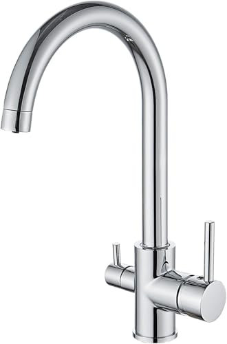 Auralum Robinet Cuisine 3 voies Chromé Pivotant à 360°, Mitigeur d'Evier Filtre à Eau en Laiton, Robinet de Cuisine avec Sortie Eau Filtrée pour Eau Potable