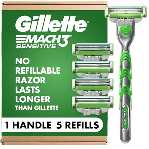 Gillette Mach3 Sensitive Shaving Razor for Men, 1 Handle and 5 Blade Refills, for Sensitive Skin