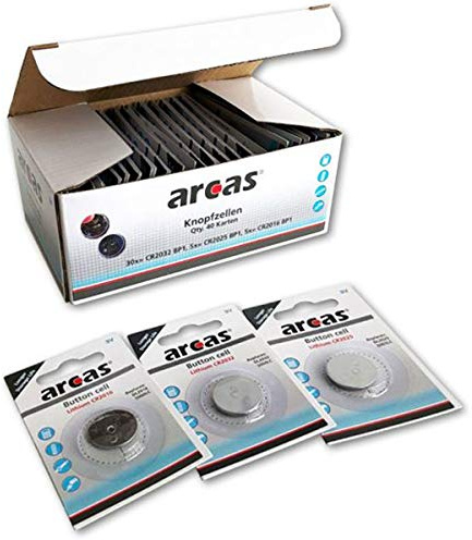 Arcas Lot de 30 piles au lithium CR2032, 5 x CR2025, 5 x CR2016