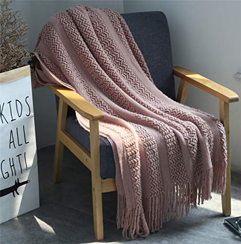 Hayisugal Wohndecke Sofaüberwürfe Strick Decke Decke mit Fransen Wolldecke Quaste Kuscheldecke Sofadecke Strickdecke für Fernsehen oder Nap auf dem Stuhl, Rosa, 130x170CM