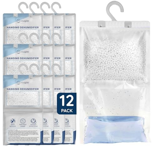 CUQOO Hanging Wardrobe Dehumidifier Bags – Disposable Moisture Absorber 12-Pack Sachets for Wardrobes; Hanging Dehumidifier Bag for Closet, Windows & Home Condensation Absorbers