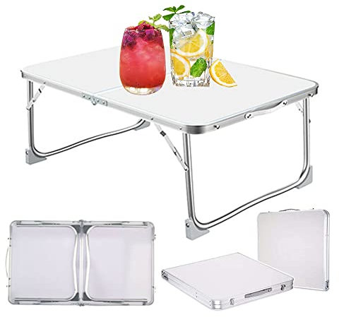 Klappbarer Campingtisch, Bett-Tablett, Laptoptisch, faltbarer tragbarer Gartentisch mit Tragegriff für Outdoor/Indoor Party, BBQ, Picknick, Angeln – 60 x 40 x 26 cm, Weiß