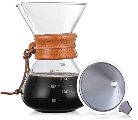 Karlak Pour Over Coffee Maker Carafe en verre sans papier de 14 oz avec filtre en acier inoxydable Cafetière en verre réutilisable Goutteur de café manuel avec étui en bois
