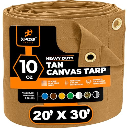 Xpose Safety Canvas Tarp - 10oz Tan Canvas Tarps Heavy Duty Water Resistant with Brass Grommets- Multipurpose Outdoor Tarpaulin for Camping, Canopy, Trailer, Equipment Cover 20' x 30'