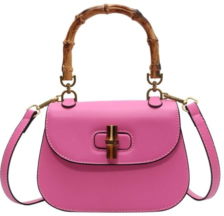Women's Leather Tote Handbags,Bamboo Shaped Top Handle Satchel Crossbody Bag Vintage Shoulder Bag (Pink)