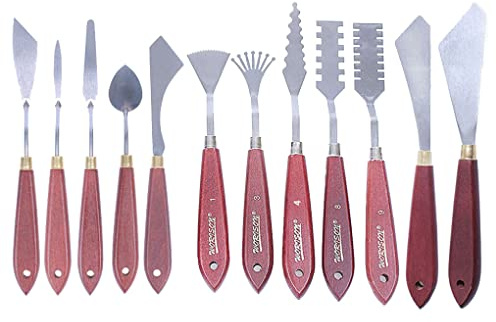 IEEDFJKK Painting Mixing Scraper Stainless Steel Spreading Palette Reliable Smudging with Wood Handle Professional Art Spatula, 12 pcs②