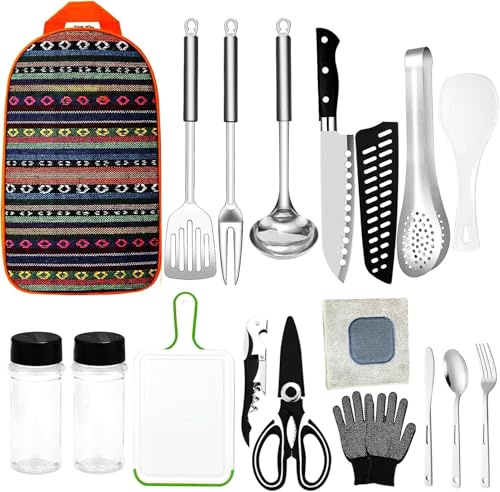 17PCS Camping Kochgeräte Set Camping Kochset Edelstahl | Camping Geschirr Set Mischfarben, Größe - Mess Kit für Reisen, Picknicks, Wohnwagen, Grills, Wandern