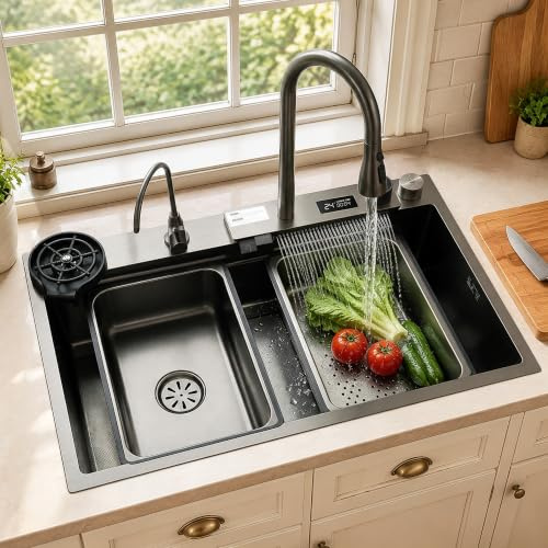 Fregadero de cocina con 1 lavabo, color negro, 75 x 45 cm, fregadero de acero inoxidable, fregadero grande, fregadero de cocina, indicador de temperatura del agua, con juego de grifo extensible