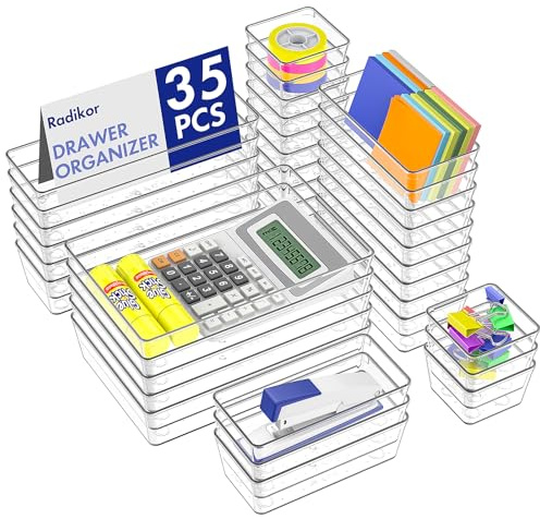 Radikor Schubladen Organizer Set 35-teilig, Schubladeneinsatz 4 Größen | Transparenter Drawer Organizer für Make-up, Kosmetik und Bürobedarf. Flexible Aufbewahrung für Schubladen und Schminktisch