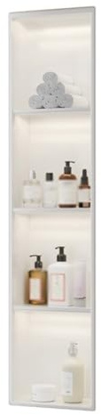 GLFNB Nicho de Ducha de Pared de Acero Inoxidable con luz LED, Estante de Almacenamiento de nicho de Ducha Empotrado para baño, no Requiere Azulejos (Blanco, 120 x 28 x 12,5 cm)