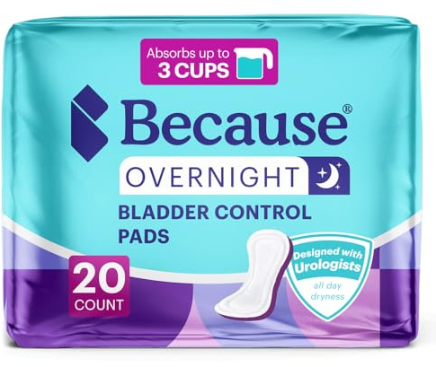 Because Overnight Incontinence Pads for Women – Moderate-to-Heavy Absorbency for Nighttime Use, Long-Length Protection, 20 Count, New Version