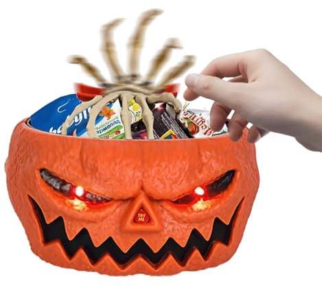 Yallmie Halloween Candy Bowl, Pumpkin Candy Dish with Moving Skeleton Hand Trick or Treat Bowl, LED Light Up Tricky Snacks Sweets Holder for Table Party Decoration Indoor