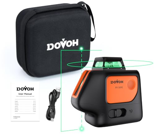 Laser Level with Plumb Spot, DOVOH Rechargeable PV-360G | High Accuracy, Rechargeable, Green Beam, Essential Edition, For Alignment, Layout, Framing, HVAC, Plumbing