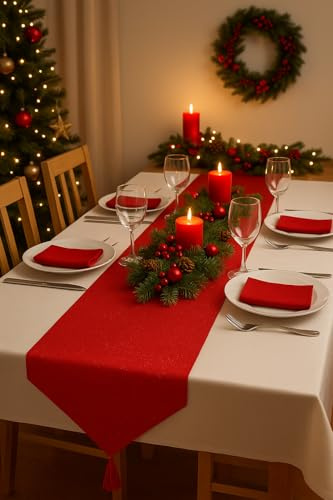 Runner da Tavola 32x180 cm in Tessuto Rosso Rigato – Elegante Centrotavola Decorativo per Natale, Festività, Matrimoni, Eventi e Arredo Casa – Tessuto Resistente, Stile Moderno e Raffinato
