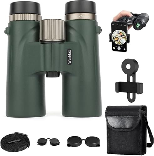 Warmax kikare, HD 12 x 42 vuxna hög förstoring, bra för fågelskådning, resor, stjärnskådning, jakt, bredare utsikt, konserter, smart fokus (mörkgrön med ph)
